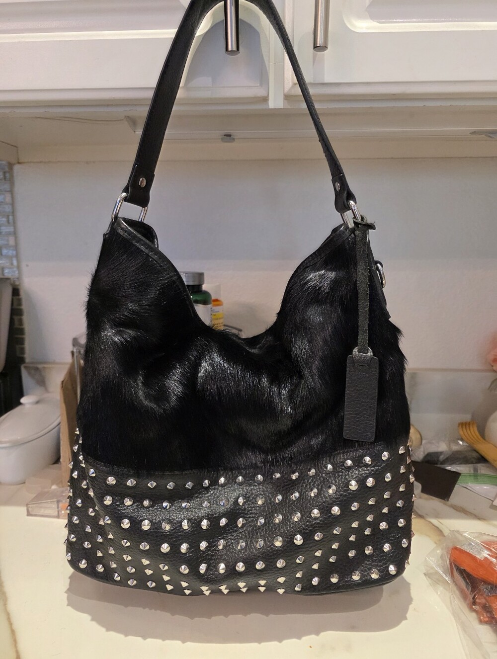Aqua Madonna Black Leather And Calf Hair Handbag